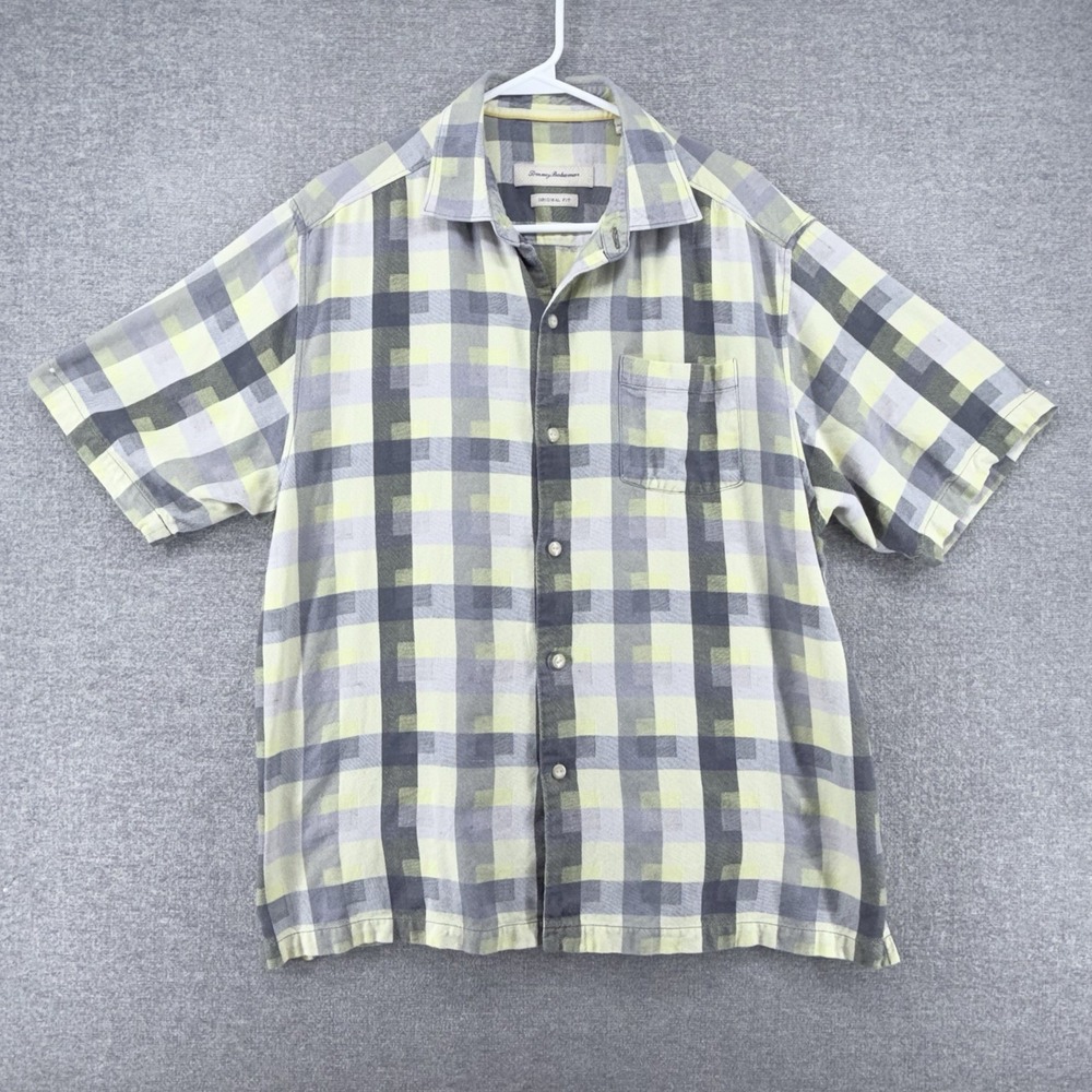 Tommy Bahama Original Fit Short Sleeve Shirt Men Size Large Paid Gray Yellow